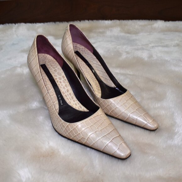 Via Spiga Beige Croc Embossed Stiletto Pumps Size 8 Square Toe Heels - Picture 14 of 15